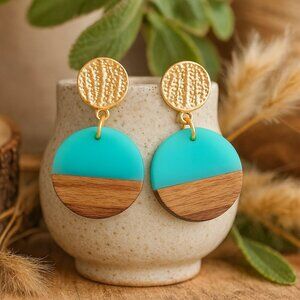 Boho Chic Turquoise Resin And Wood Drop Earrings Casual Elegant Trendy Design
